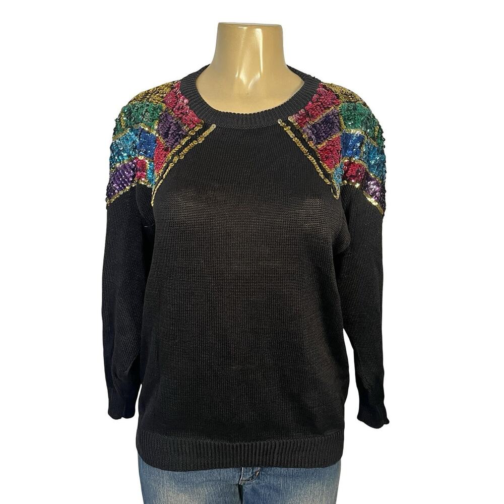 Celina Yang Sweater Womens Small Black Sequin Beaded Shoulder Ramie Blend‎ Party